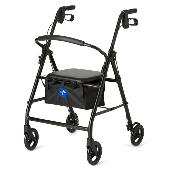 Andador con ruedas Medline de acero para adultos con movilidad reducida, color negro, capacidad de peso de 136 kg, ruedas de 15 cm, plegable, asas ajustables, ideal para personas mayores.