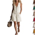 thumbnail image 2 of Women's Linen 2 Piece Outfit, Sleeveless V-Neck Button Vest Top & Elastic Waist Shorts Set with Pockets, Casual Summer Loungewear, Loose Fit,White,M, 2 of 8