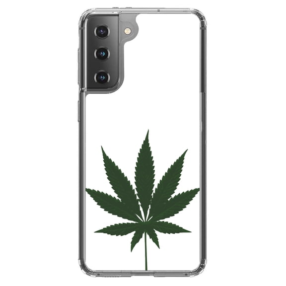 DistinctInk Clear Shockproof Hybrid Case for Galaxy S21 5G (6.2" Screen) - TPU Bumper, Acrylic Back, Tempered Glass Screen Protector - Marijuana Leaf Drawing