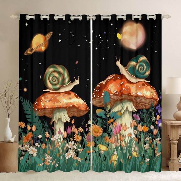 Castle Fairy Snail Mushroom Boy Girl Blackout Curtains Set of 2 (52x84 Each),Chic Floral Flowers Window Curtains,Botanical Plants Curtains and Drapes,Ultra Soft Home Decor