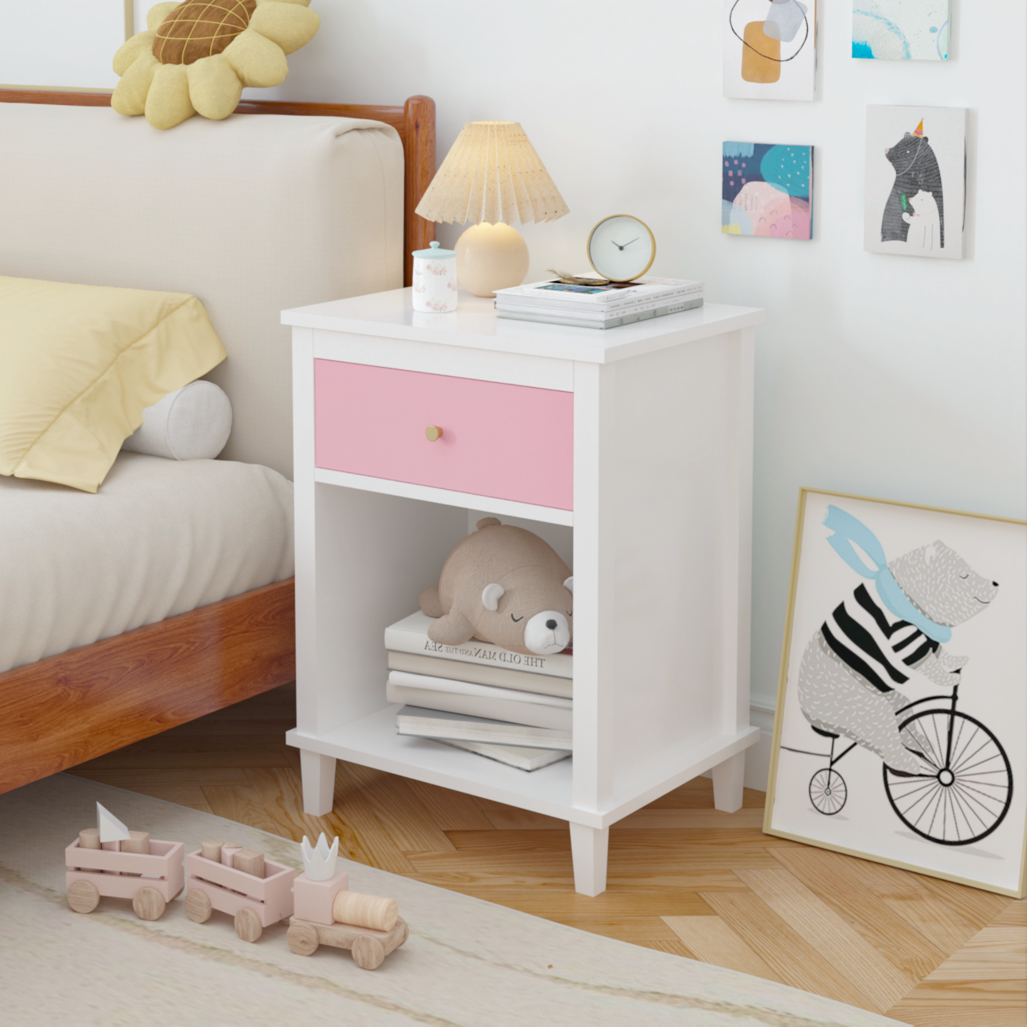 Jopath Wooden Nightstand with One Drawer & One Shelf for Kids, Adults,26.77''H,Pink02