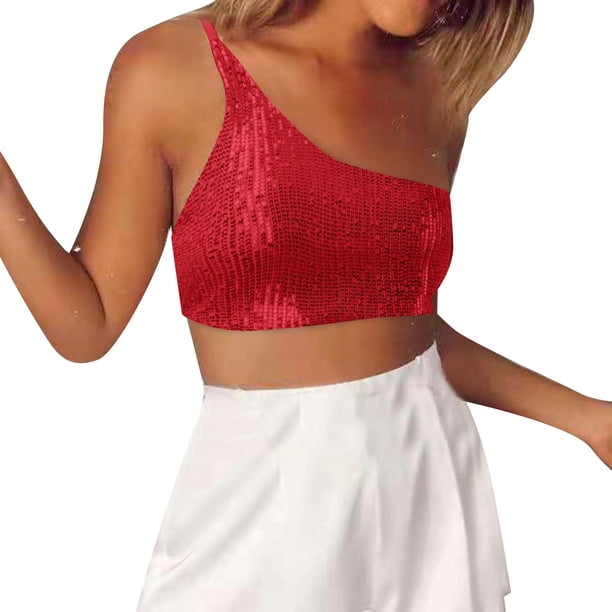 Gibobby faldas de lentejuelas para mujer lentejuelas y tirantes sexys de un solo hombro para mujer(Rojo, L)