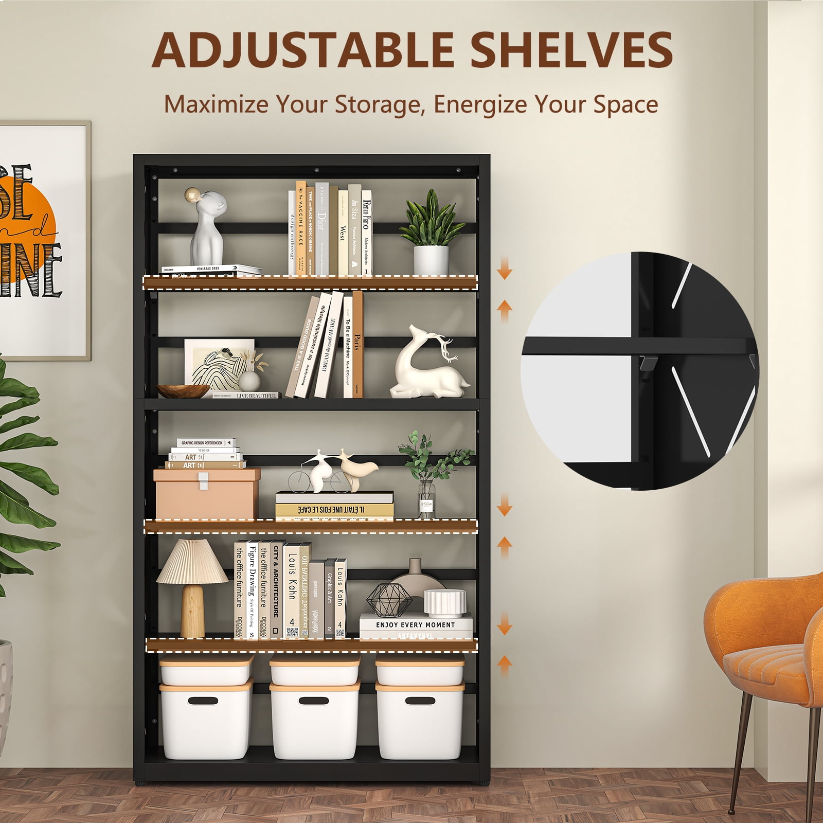 Polup 5-Tier Metal Shelves Bookcase with Bookends Industrial Adjustable Freestanding Black 1-Pack 55 in H x 31 in W