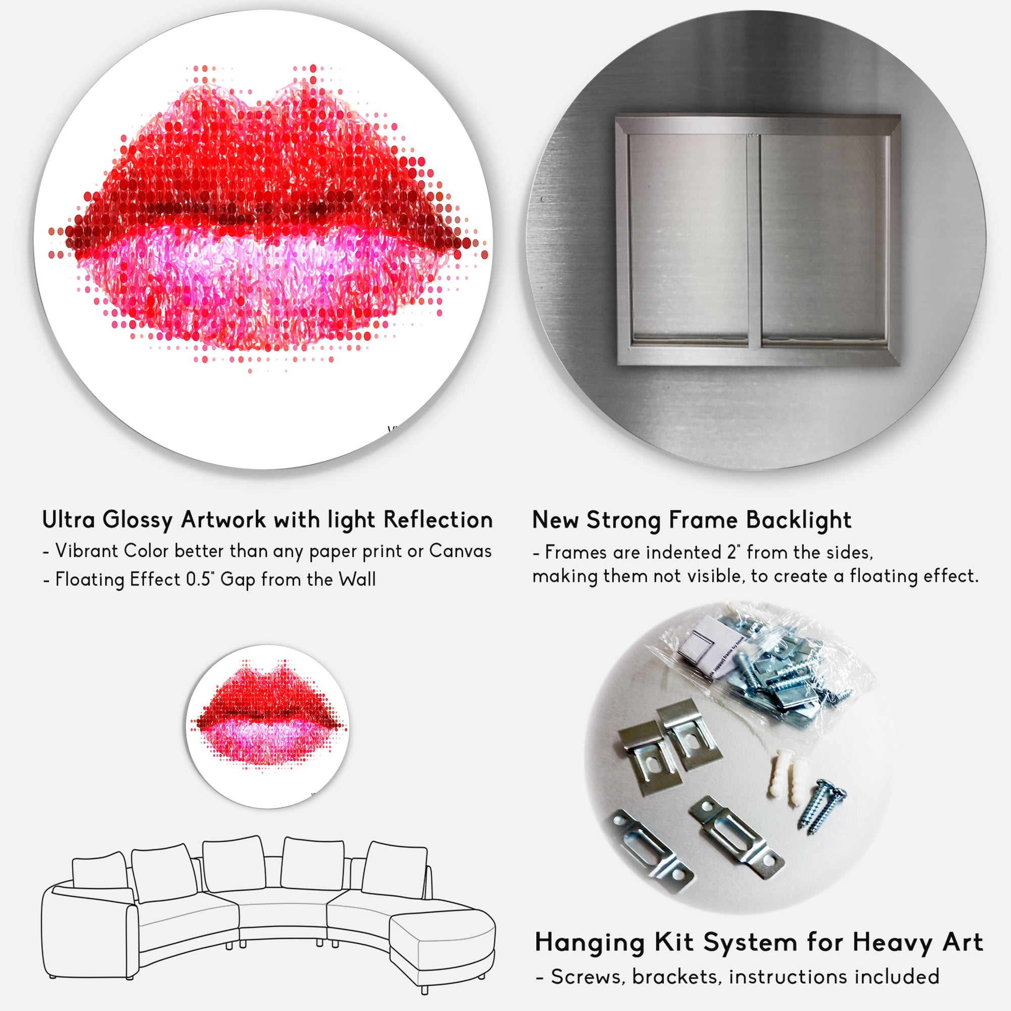 Designart 'Abstract Red Woman Lips in Pixels' Modern Circle Metal Wall Art 29x29 - Disc of 29