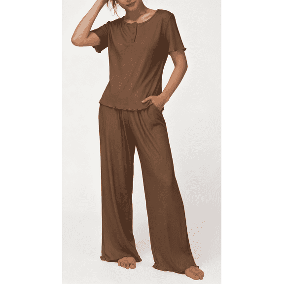 Loritta Womens Pajama Sets Knit Short Sleeve Long Pants Lounge Sets Breathable 2 Piece Pjs with Pockets Mother's Day Gifts Sets Summer Brown S-2XL
