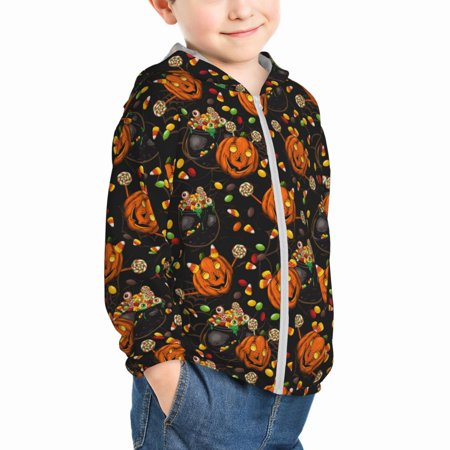 

Uemuo Spooky Sweets Pattern Rash Guard for Boys Girls Long Sleeve Swim Shirts UPF 50+ UV Sun Protection Hooded Fishing Shirt with Pocket for Kid-3 Years