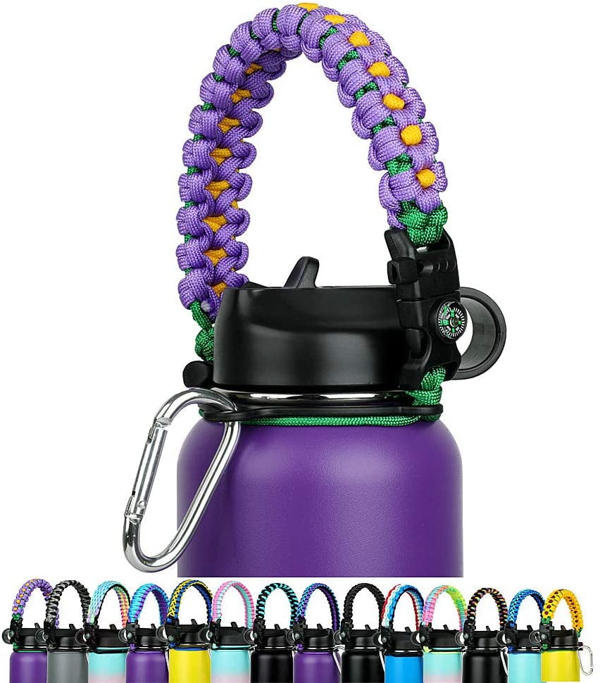 MONOBIN Paracord Handle Strap Compass and Carabiner Fits Wide Mouth Bottles 12oz to 64oz Multicolor Durable Flask Carrier Water Bottle Paracord Handle Holder with Safety Ring 
