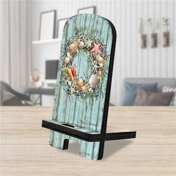 6 x 3 x 3 in. Shells Coastal Wreath Cell Phone Stand with Wood Mobile Holder Organizer