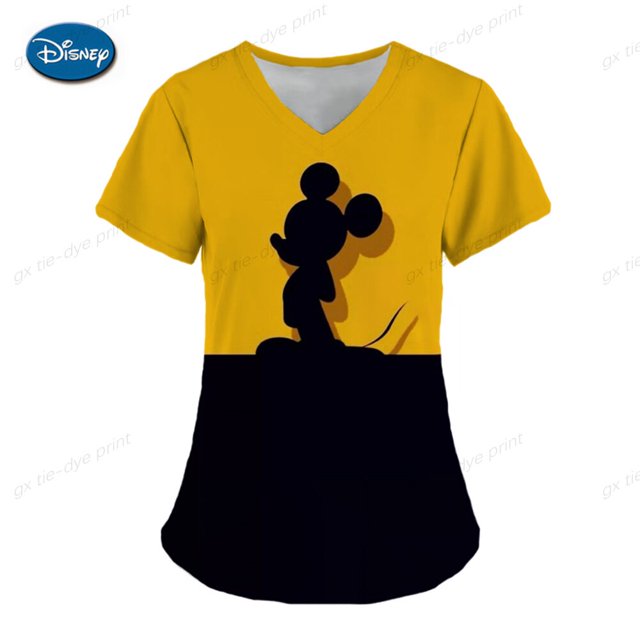 Medical Worker Nursing Uniform Women Disney Minnie Mickey Mouse Print Nurses Uniform Short Sleeve V-neck Top Working UniformeXXXL Gao Jinjia LED