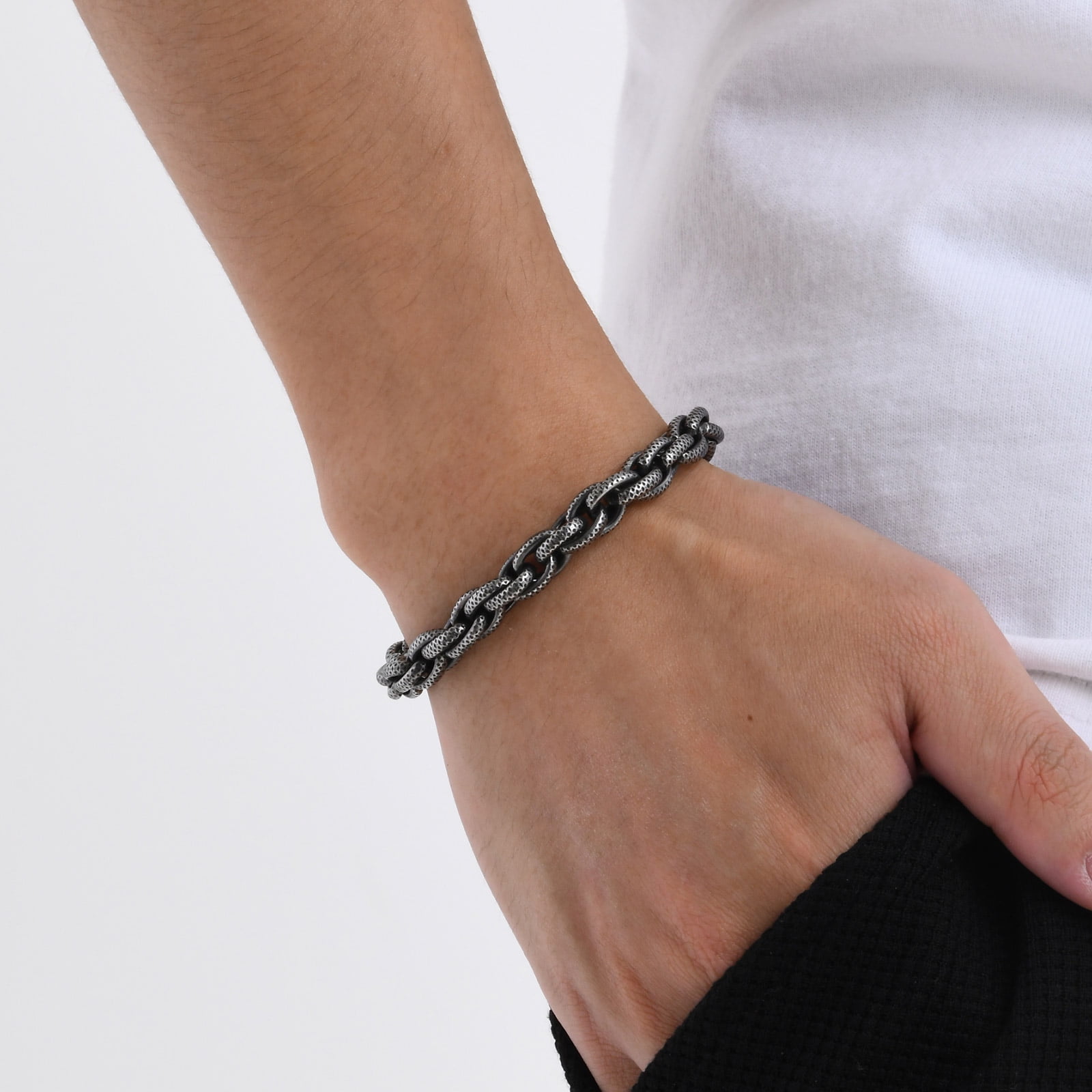 Vintage Handmade Chain Bracelets for Men Boys,8mm Width 14K White Gold Link Wristband,Punk Rock Jewelry Gift for Him