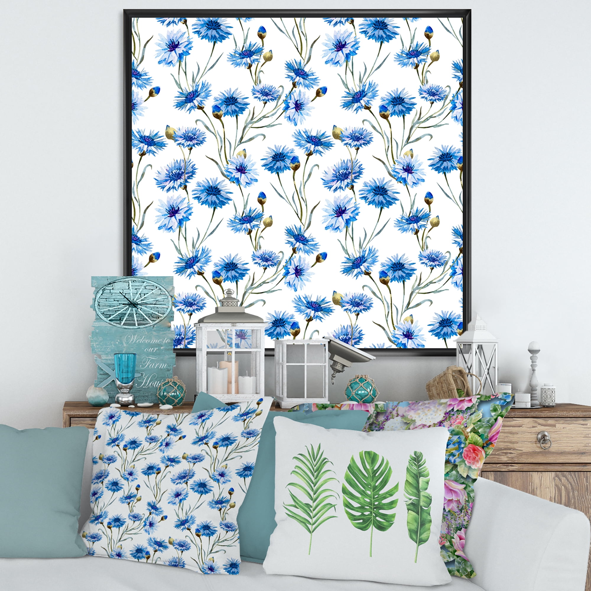 Designart 'Blue Cornflowers With Green Leaves On White II' Traditional Framed Canvas Wall Art Print