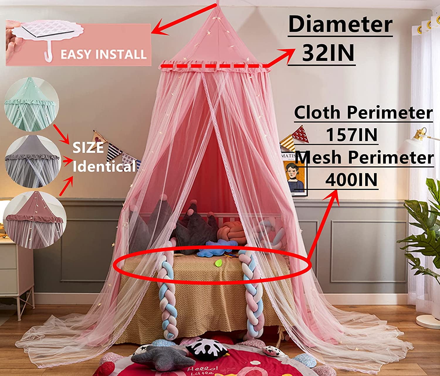 Bed Canopy Double Layer Princess Round Dome Dreamy Mosquito Net Bedding Girls Room Castle Play Tent Hanging House Decor Reading Nook Canopies(Gray/White)