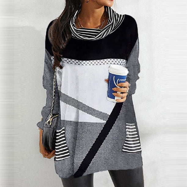 Pntutb Mujer Moda Casual Posicionamiento Impresión Pila Cuello Parche Bolsillo Manga Larga Tops Blusa Pntutb Pntutb-6291