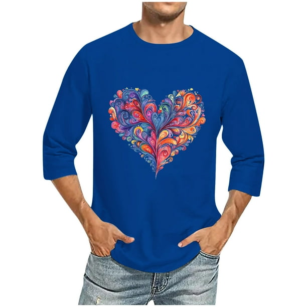 Camisas de Manga Larga para los Hombres Día de San Valentín Impresión Cuello Redondo Moda Casual, Mezcla de Poliéster de Lino de Algodón para Primavera Verano