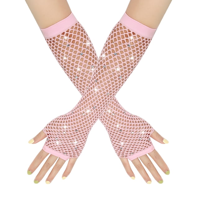 Nvzi Guantes de rejilla sin dedos Guantes de rejilla largos de malla Manga de rejilla para el brazo Disfraz de fiesta de los 80 Accesorios de Halloween - Rosa