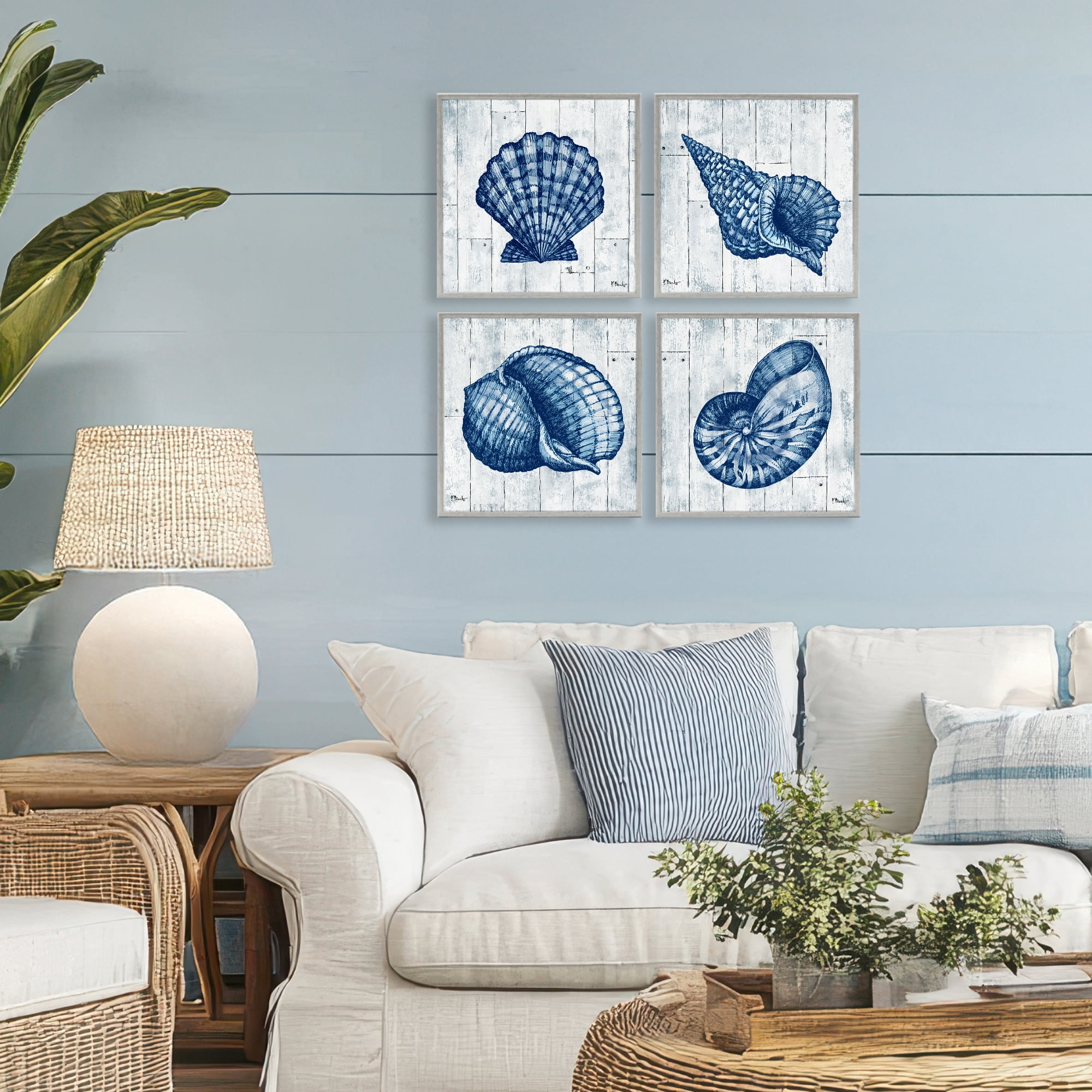Stupell Industries Coastal Timberland Seashells 4 Piece Gray Framed Giclee Art Set, design by Paul Brent