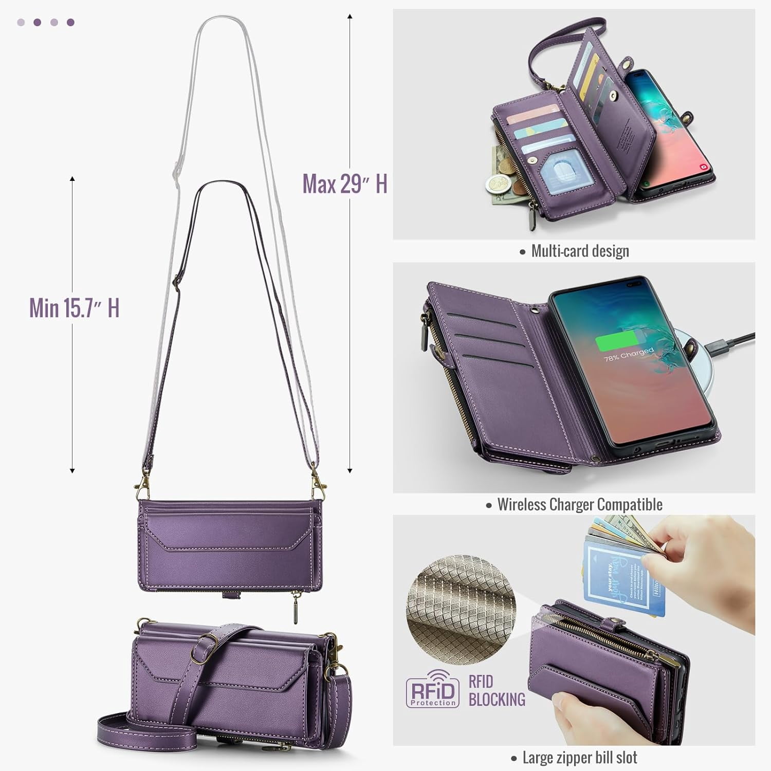 Phone Case for Samsung Galaxy S10 Zipper Wallet Cover with Tempered Glass Screen Protector and Leather Flip RFID Blocking Credit Cash Card Holder Cell S 10 Edge 10S GS10 X10 Women Girls Purple