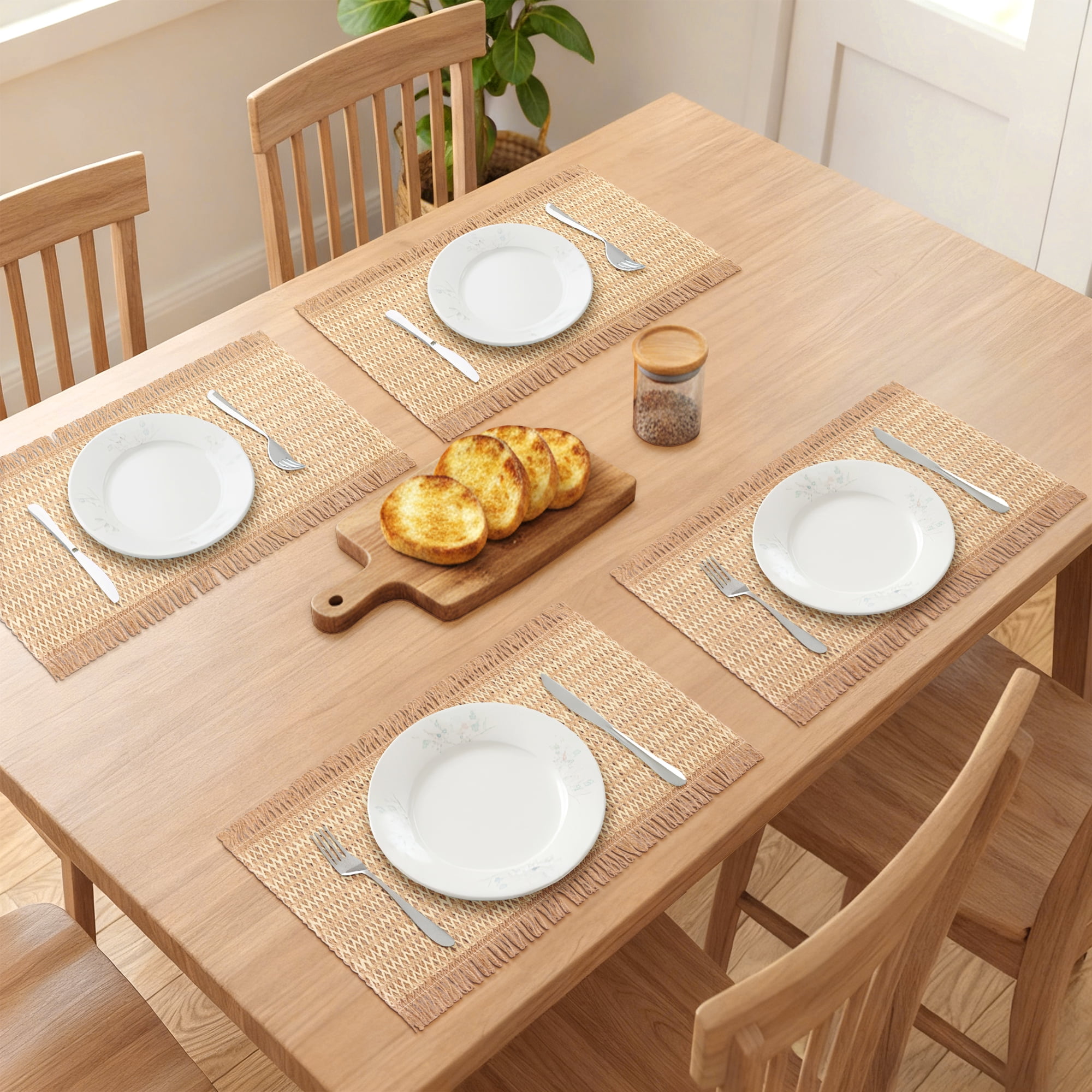 Unique Bargains 6pcs Woven Placemats with Tassels Light 17.7"x11.8"