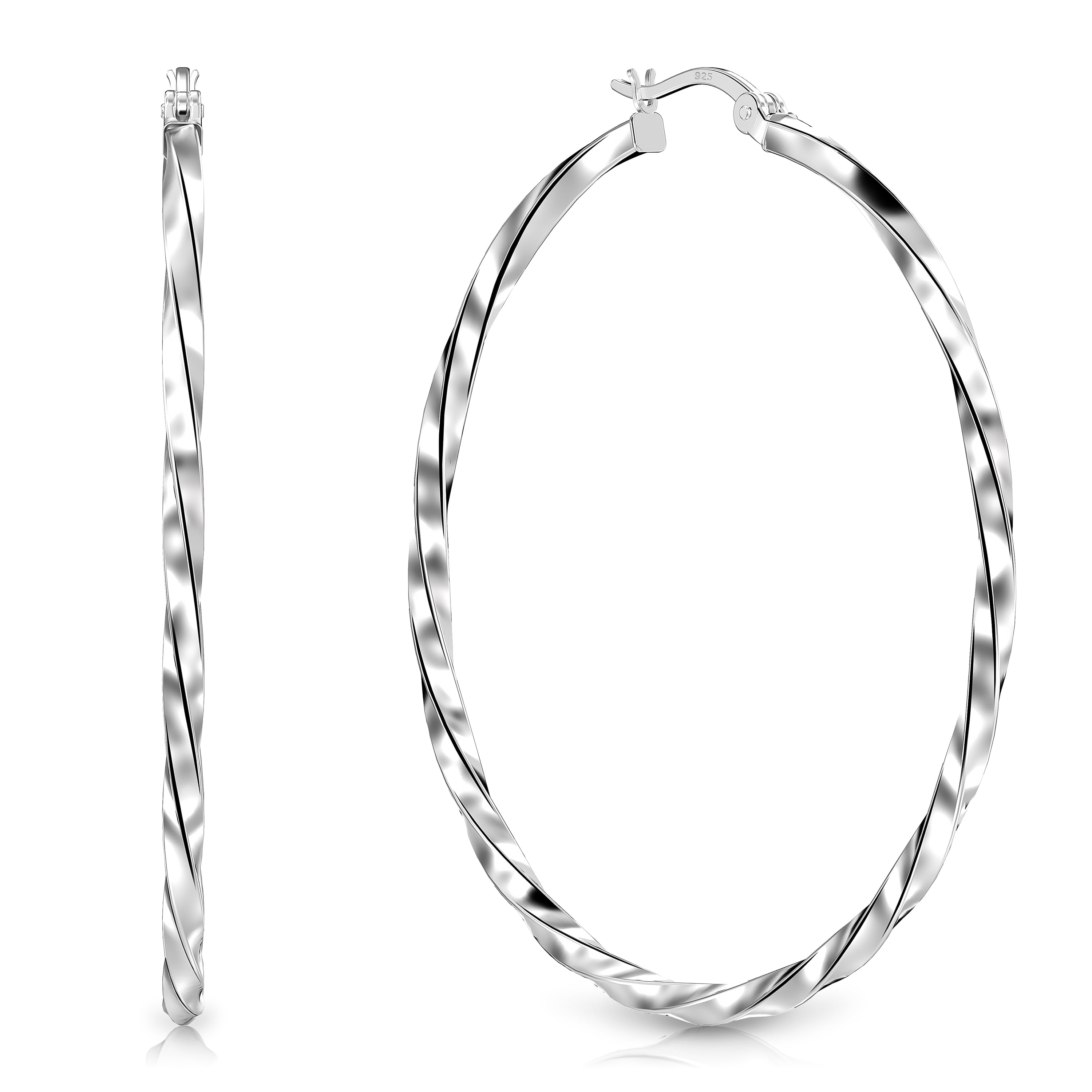 LeCalla Sterling Silver ANTI-TARNISH Twisted Round Click-Top Hoop Earrings for Women 50MM