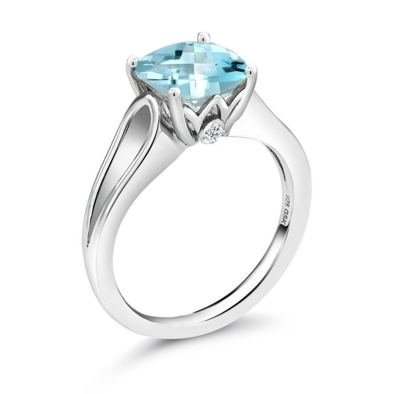 Gem Stone King 3.49 Ct Cushion Checkerboard Sky Blue Topaz White Topaz 925 Sterling Silver Ring (Size 8)