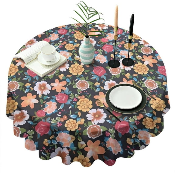 Pioneer Flower Floral Print Pattern Round Tablecloth 60"x60",Wrinkle Wipeable Table Cloth for Kitchen Dining Room Picnic Patio Party