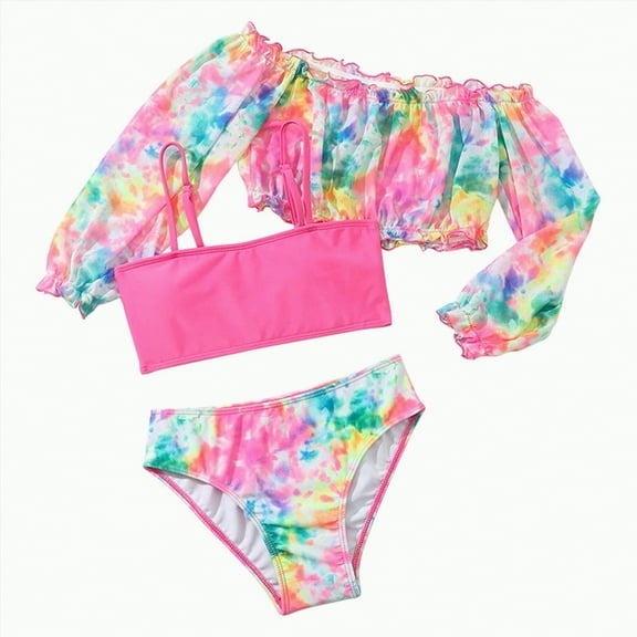 TOWED22 Girls 3Pcs Swimsuit Summer Beach Bikini Set with Beach Skirt Color Block Criss Cross Bathing Suits(Pink,8-9 Y)