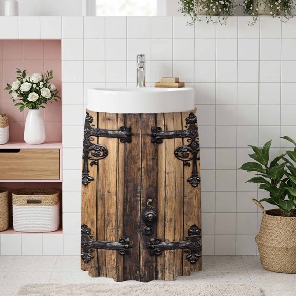Small Cabinet Curtain 10''W x 11''L, Rustic Wooden Door Under Sink Cover Drapes, Brown Black Farmhouse Country Vintage Self Adhesive Cabinet Skirt for Kitchen/Bathroom Vanity/Laundry Room/Open Shelf
