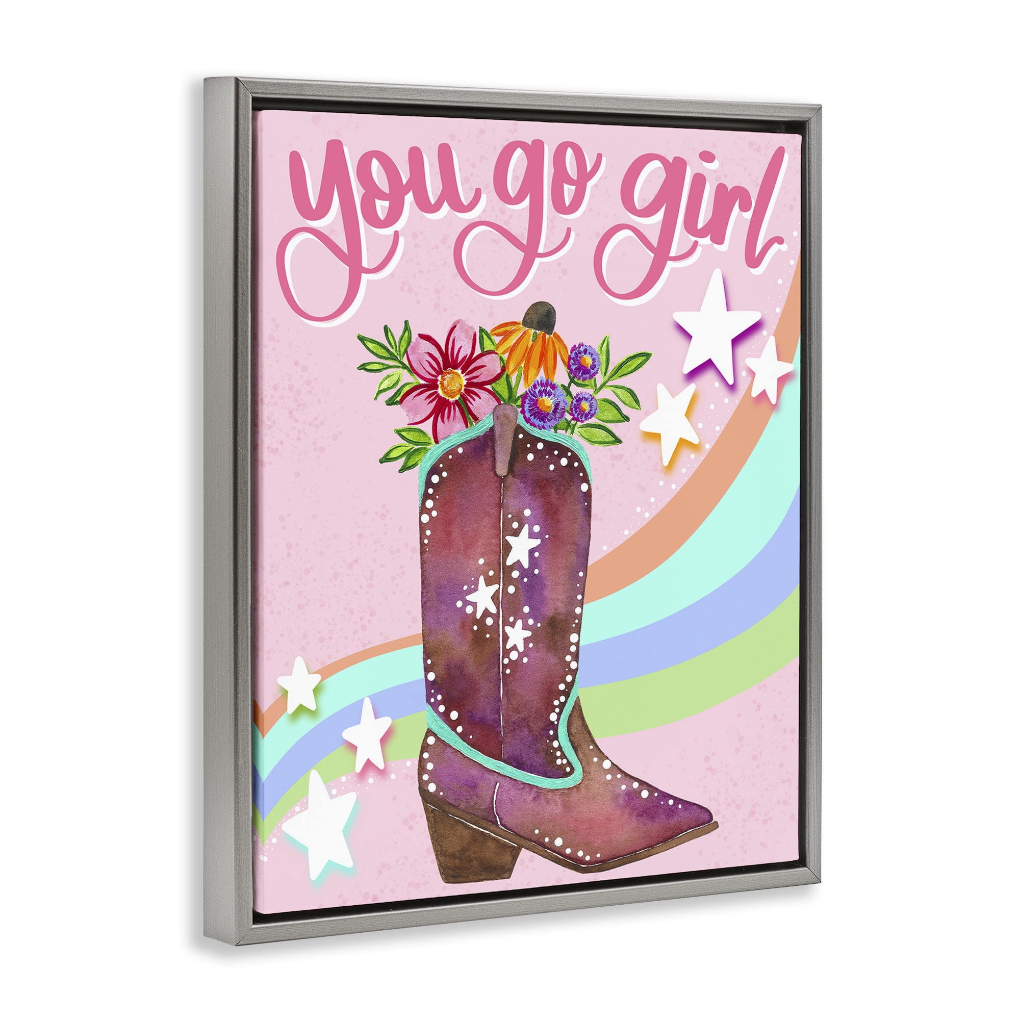 Stupell Industries You Go Girl Boot Botanical & Floral Painting Gray Floater Framed Art Print Wall Art, 17 x 21