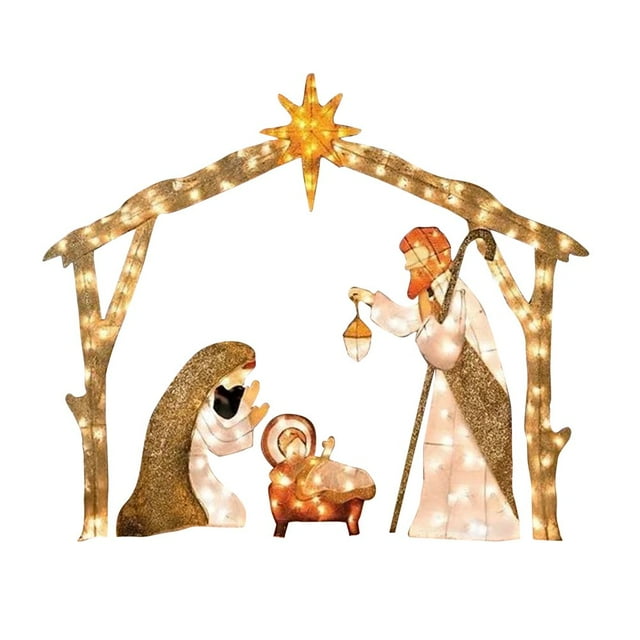 JUNWELL Nativity Scene Silhouette Yard Sign Display 25*20cm With Lights For Holiday With Metal Stakes