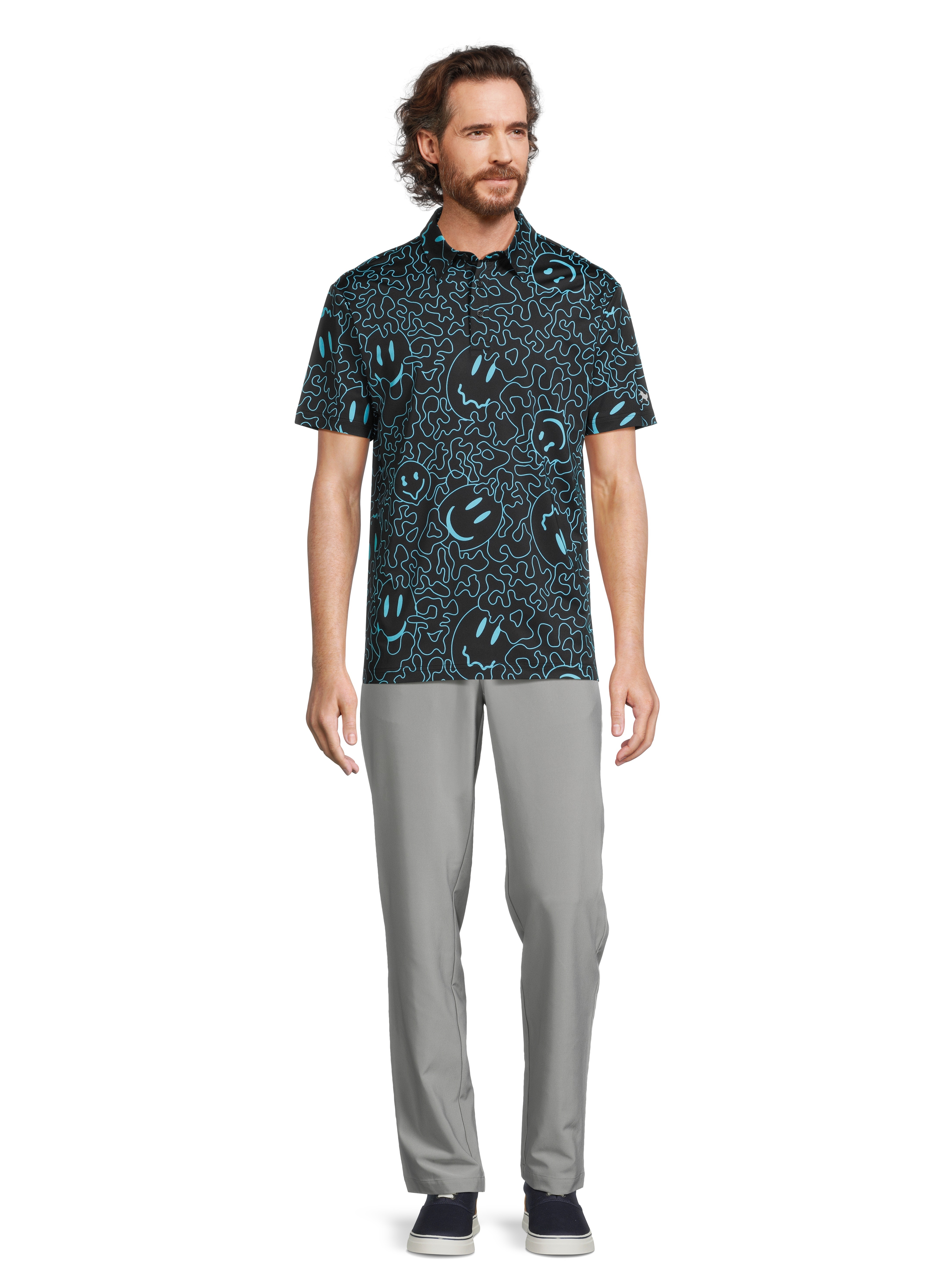 Birdie Bound Men's and Big Men's Graphic Print Groovy Wavy Smile Face Golf Polo Shirt, Sizes S-3XL