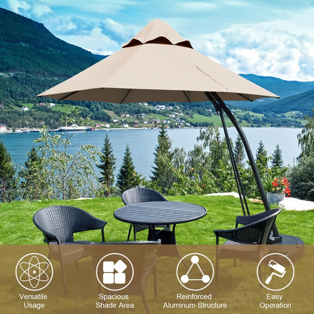 Aimee Lii 11 Feet Outdoor Cantilever Hanging Umbrella with Base and Wheels, Sunbrella Patio Umbrellas, Tan Aimee Lii 11 Feet Outdoor Cantilever Hanging Umbrella with Base and Wheels, Sunbrella Patio Umbrellas, Tan
