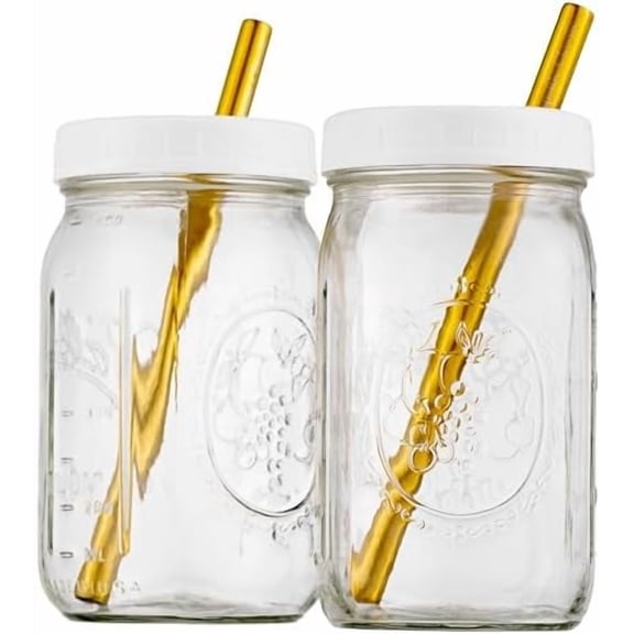 Reusable Wide Mouth Smoothie Boba Tea Cups Bubble Tea Cups with Lids and Gold Straws Mason Jars Glass Cups (2-pack, 32 oz mason jars)$$Home Decor, Kitchen, & Other