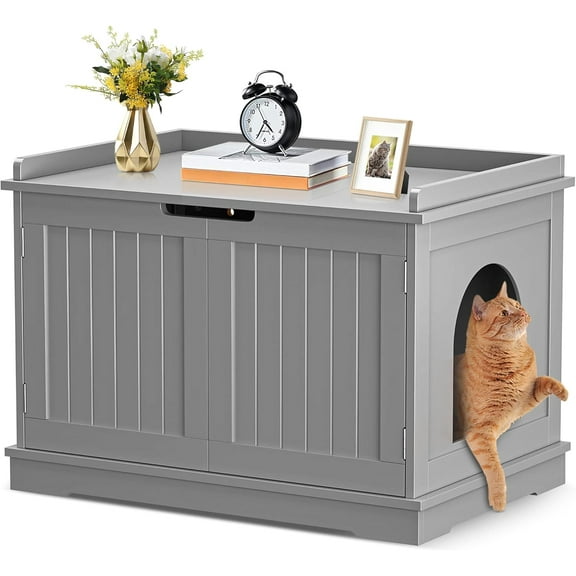 Hidden Cat Litter Box Enclosure Cat Litter Box Furniture Cat Washroom Cat House Table Nightstand (Grey)