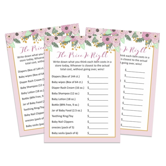 Inkdotpot The Price Is Right Baby Shower Game -Girl Baby Shower Fun Party Game Collection, Activities, Decorations,Floral Wreath Theme Party Supplies - Pack Of 50