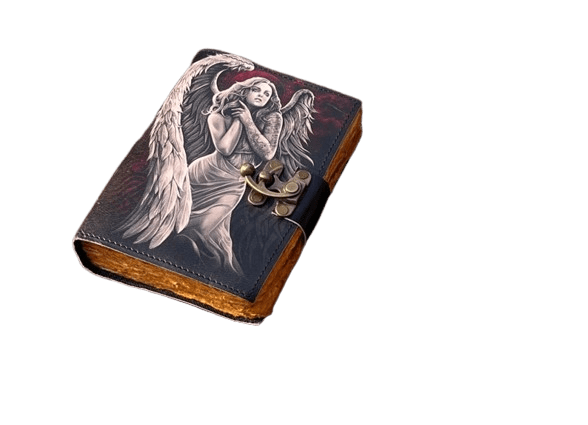 Handmade Leather Journal with Angel Artwork – 5x7 Inch Vintage Deckle Paper Notebook, 200 Pages