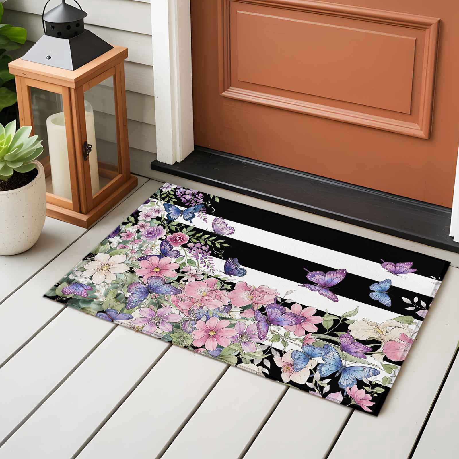 Pink Flowers Entryway Rug 2'x3'&nbsp; Non Slip Front Door Mats, Spring Floral Watercolor Botanical Farmhouse Striped Entrance Rugs Indoor Outdoor Carpet, Floor Mats Small Area Rug for Bedroom Kitchen