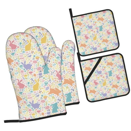 

Zeuib Flower Color Rabbit Oven Mitts and Potholders BBQ Gloves Kitchen Oven Glove High Heat Resistant 500 Degree Extra Long Oven Mitts and Potholder with Non-Slip Silicone Surface for Cooking