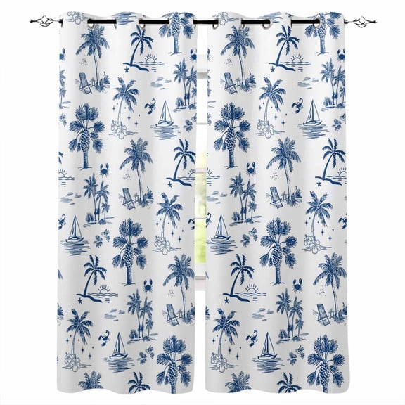 Blue Tropical Plant Blackout Curtains for Bedroom/Living Room, Thermal Insulated Kitchen Curtains, Summer Palm Trees Coastal Nautical Grommet Darkening Window Treatment Drapes 42"x63"x2
