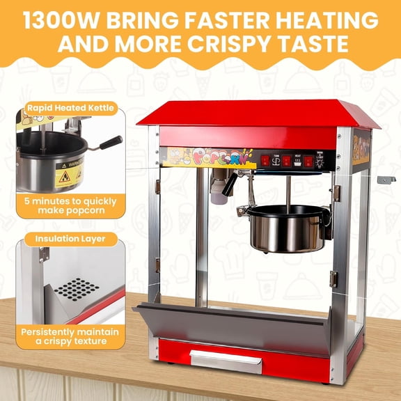 Commercial Popcorn Popper Machine,1300W Movie Theater Popcorn Popper,Large Popcorn Machine with 3-Switch Control for Entertainment Venue