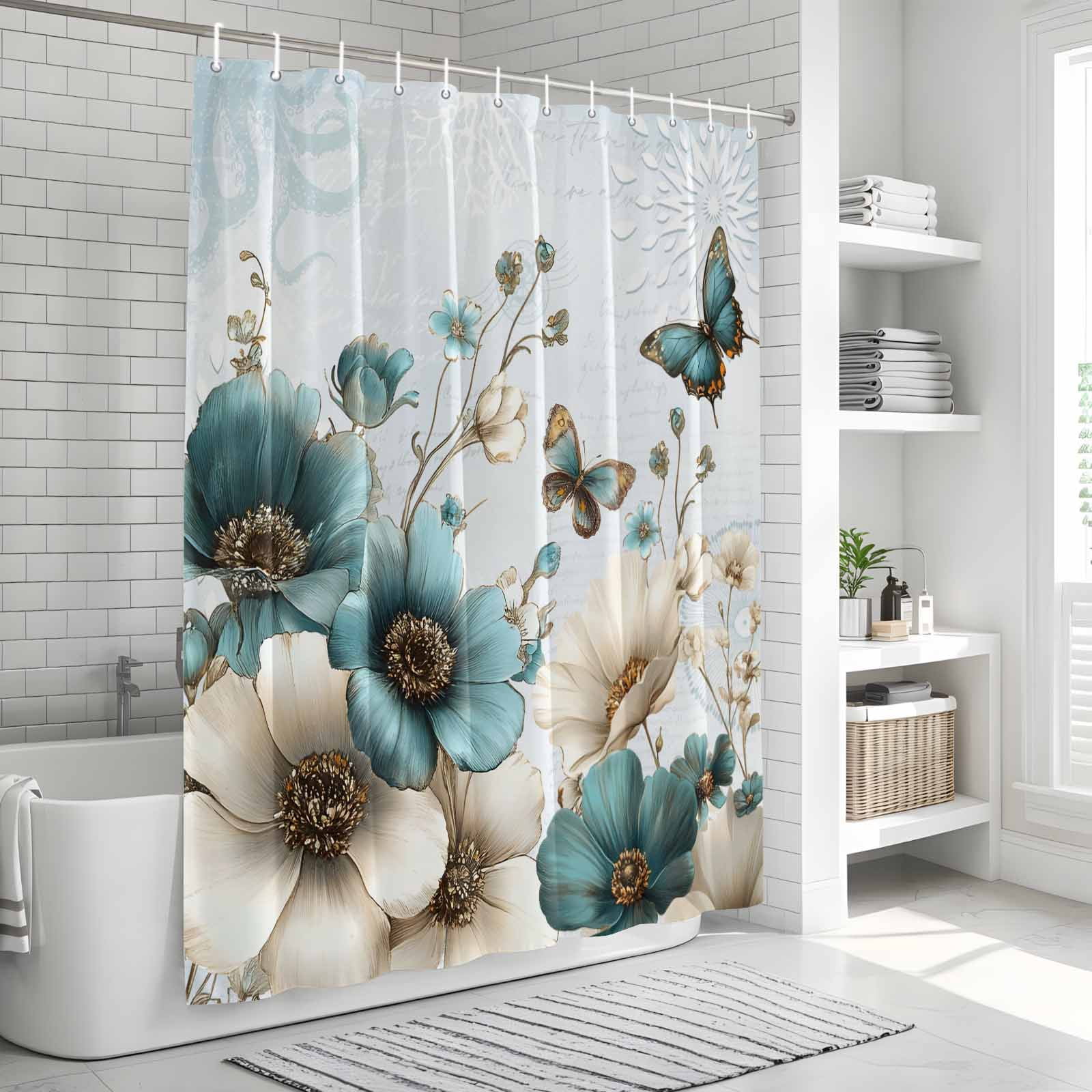 Teal Tulip Butterfly Shower Curtain, Waterproof Shower Curtains for Bathroom, Beige Turquoise Floral Blue Coastal Washable Fabric Bathtub Curtain Set Bath Decor with 12 Hooks 72"x78"