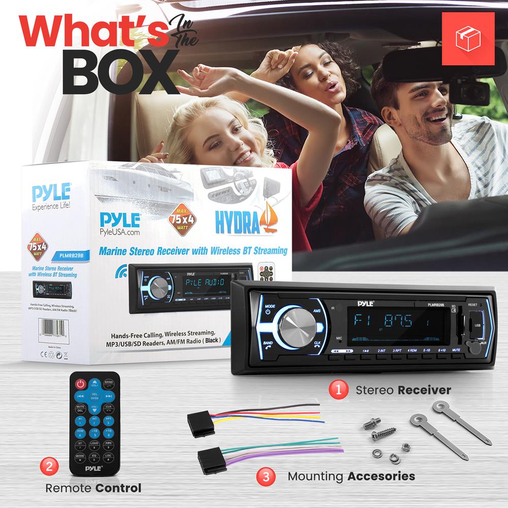 Pyle Single-DIN In-Dash Digital Marine Stereo Receiver with Bluetooth (Black)