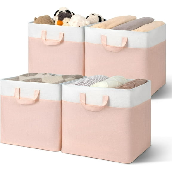 Storage Cubes, 13 Inch Cube Storage Bins with Metal Frame, Collapsible Cube Storage Organizer, Fabric Cubby Bins for Shelves, Closet, Pink, 4 Pack