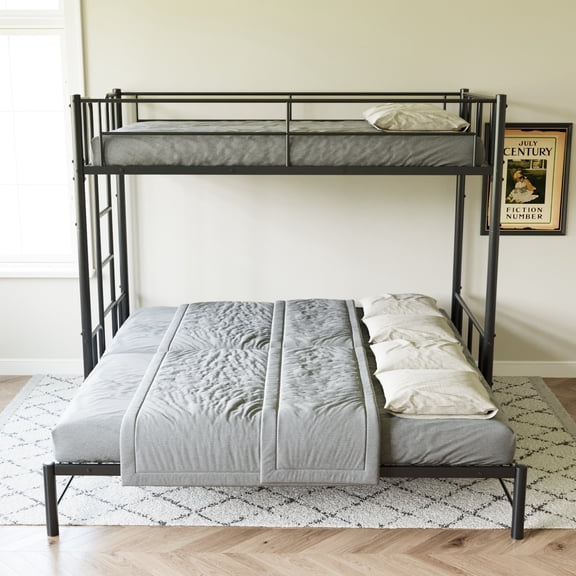 LHKJ Twin Metal Pull-Out Bunk Bed with Guardrail and Ladder, Black