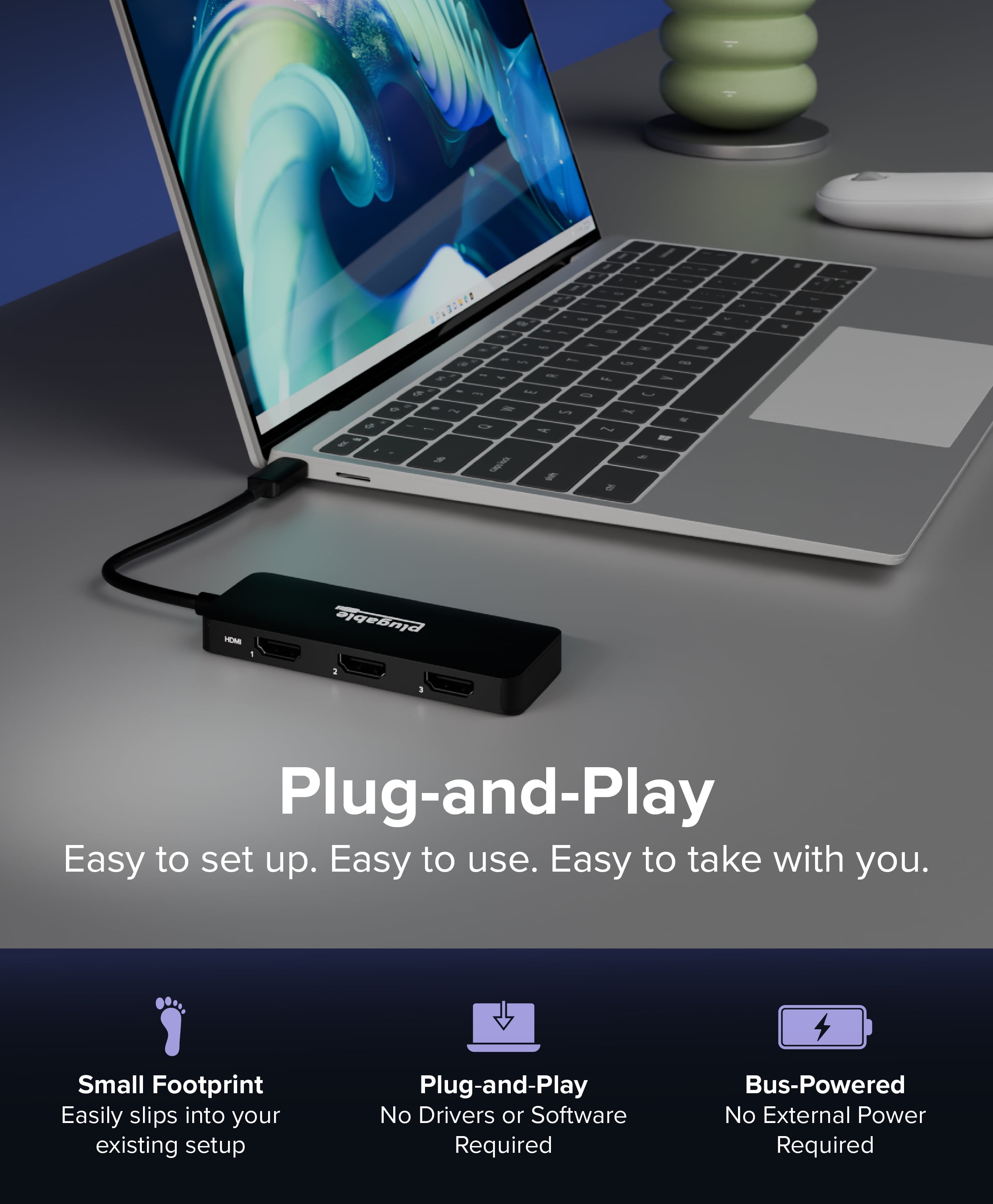 Plugable USB C to HDMI Multi Monitor Adapter | Triple 4K60 Displays | Driverless MST Hub for Windows, Chrome OS, USB-C, Thunderbolt, USB4 Laptops | Multi HDMI Ports, HDR & HDCP Compliant (USBC-MSTH3)