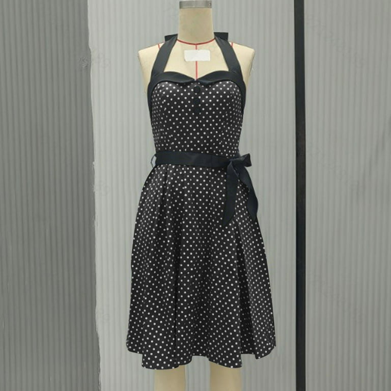 Qolati Women 1950s Cockatil Dresses Vintage Polka Dot Halter Rockabilly Swing Dress Buttons Floral Bowknot Tie Front Retro Hepburn Prom Tea Party