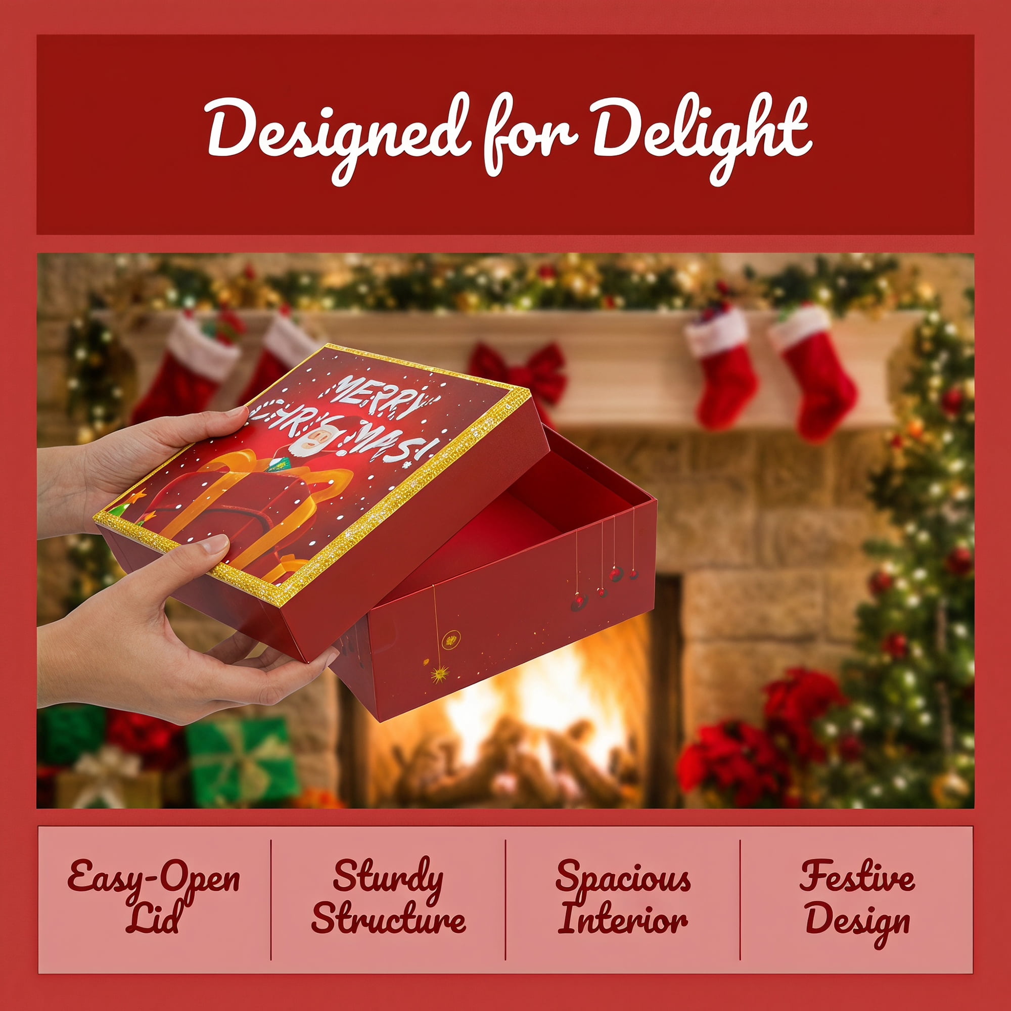 Unique Bargains Elegant Gift Box with Lid Featuring Christmas Pattern Red 6.6"x6.6"x3.1"