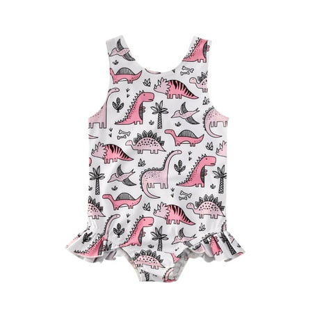 

SSPalu Baby Girls Cartoon Dinosaur Swimwear Ruffle Sleeveless One Piece Beachwear