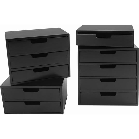 4 Pack Wooden Desktop Storage Organizer, Stackable Drawer Cabinet with Drawers Vintage Apothecary Cabinet, Card Catalog Wooden Storage Box for Desktop Organizer,No Assembly Required (Black)