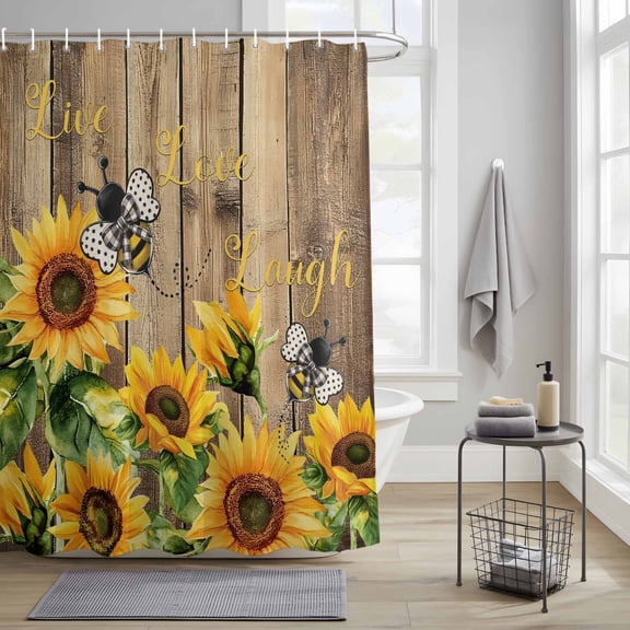 Bathroom Shower Curtain Farmhouse Sunflower Bee Watercolor Waterproof Shower Curtains with Hooks, Retro Brown Wood Board Bath Curtains Bathtub Curtain Home Decor 36x72in