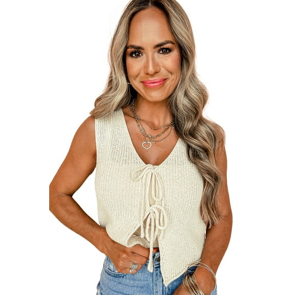 Women's Beige Lace-Up Front V Neck Sweater Vest - Stylish and Versatile Layering Piece - [ZhiHiMeRi] | (US 12-14)L